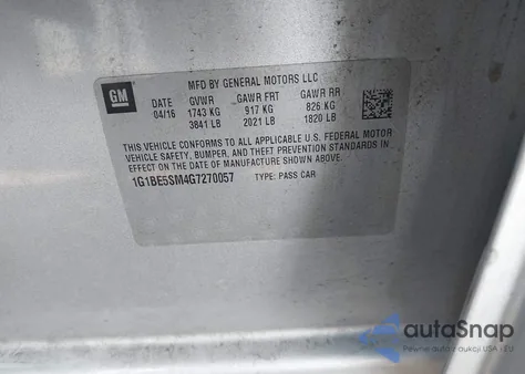 2016 Chevrolet Cruze Lt z USA, uszkodzony, nr VIN 1G1BE5SM4G7270057